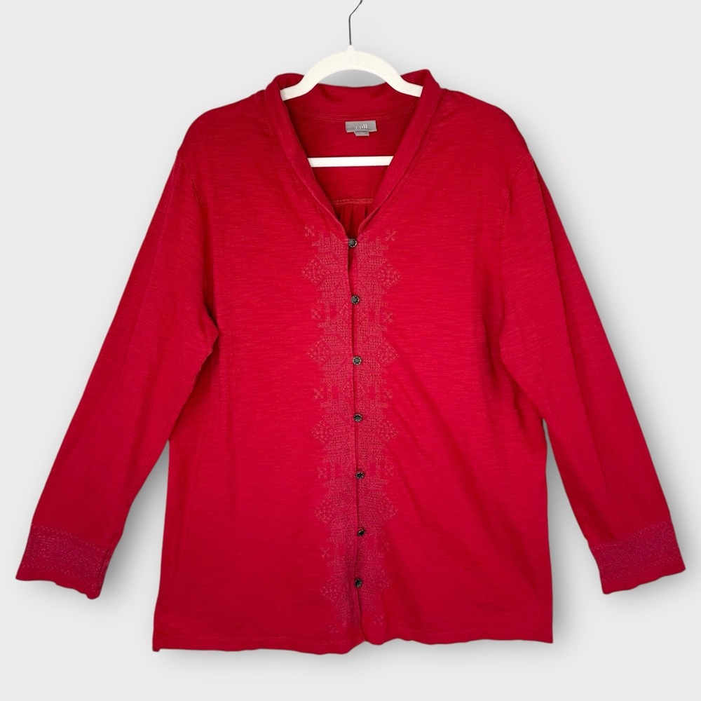 J Jill Red Embroidered Button Down Knit Tunic Top XL Long Sleeve V-neck chic